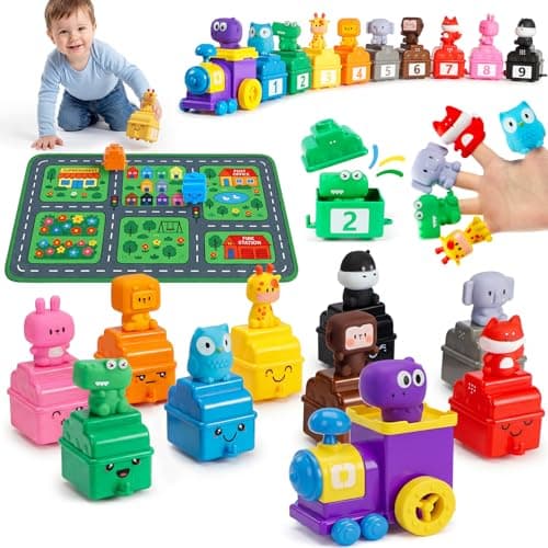 URMYWO Learning Toys for 1 2 3 Years Old Boy Girl, Toddler Montessori Toys, Train Set with 10 Finger Puppets & Play Mat, Counting Matching & Sorting, Toddler Birthday Gift - Image 1