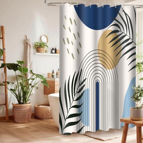 LYLYCTY Boho Shower Curtain Set, Blue Bohemian Mid Century Leaf Sun Modern Shower Curtains for Bathroom Decor Waterproof Fabric with 12 Hooks 72x72 Inches - Thumbnail 5