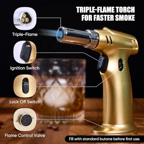 Whiskey Smoker Kit with Triple-Flame Torch, 18-Piece Cocktail Smoker Kit with 6 Wood Chips, 2 Heavy 10 oz Whiskey Glasses & 2 Ice Ball Molds, Old Fashioned Bourbon Gifts for Men Dad Father, No Butane - Thumbnail 4