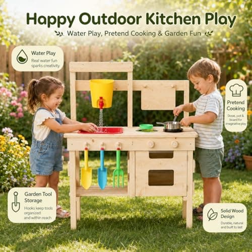 Wooden Outdoor Mud Kitchen for Kids, Waterproof Solid Wood Play Kitchen with Removable Faucet, Sink, Cutting Board, Toy Pots, Soil Cups, Magnetic Door and Storage Shelf - Thumbnail 6