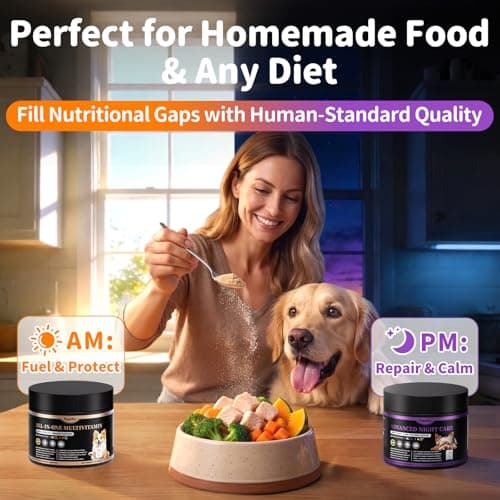 25-in-1 Dog Vitamins and Supplements - Day & Night 2 Pack - Dog Multivitamin Powder with Collagen, Glucosamine, Probiotics - Joint, Gut, Calm, Skin & Immune Support, Chicken Flavor, 150 Scoops - Thumbnail 6