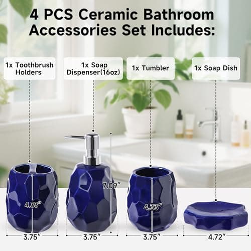Ceramic Bathroom Accessories Set 4 PCS,Bathroom Toothbrush Holder Set,Soap and Toothbrush Holder Set,Include Toothbrush Holder,Soap Dispenser,Tumbler,Soap Dish,Bathroom Sets Decor Organizer(Navy Blue) - Thumbnail 2