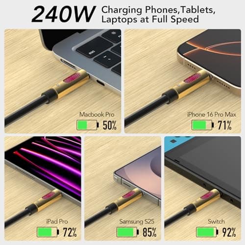 MFish 240W USB-C to USB-C Cable (PD 3.1 EPR), 480Mbps Speed, Fast Charging Type C Cable for MacBook Pro/Air, iPhone 17/16 Pro, Galaxy S25/S24, Laptops, iPad, Durable Silicone, 6FT Black - Thumbnail 2