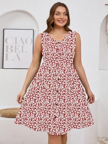AusLook Plus Size Women Summer Dress Sleeveless V Neck Casual Cute Loose Sundress Maple Leaf 1X Comfy Swing Button Down Midi Work Flowy Tunic Ladies Beach Vacation Teacher Dresses with Pockets - Thumbnail 5