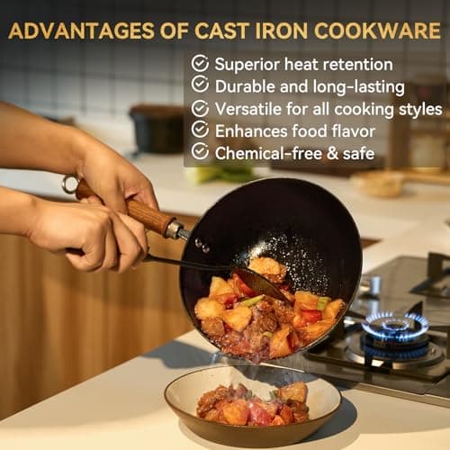 WANGYUANJI Cast Iron Wok Pan with Lid, 10.2 Inch Small Flat Bottom Stir Fry Skillet, Uncoated Traditional Chinese Iron Pot for 1-2 People, Compatible with Induction & Gas Stoves - Thumbnail 4