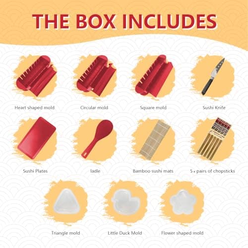 HI NINGER Sushi Maker Set, 24-piece sushi maker kit for beginners to make their own sushi. Can be used as a sushi plate with rice roll molds, knife, sushi plate,sushi rolling mat (red) - Thumbnail 2