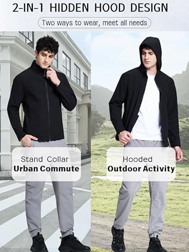 Hooded Windbreaker Jackets for Men, Lightweight Breathable Zip Up Hoodie with Pockets for Running, Gym, and Outdoor Sports. (US, Alpha, XX-Large, Regular, Regular, Black) - Thumbnail 4