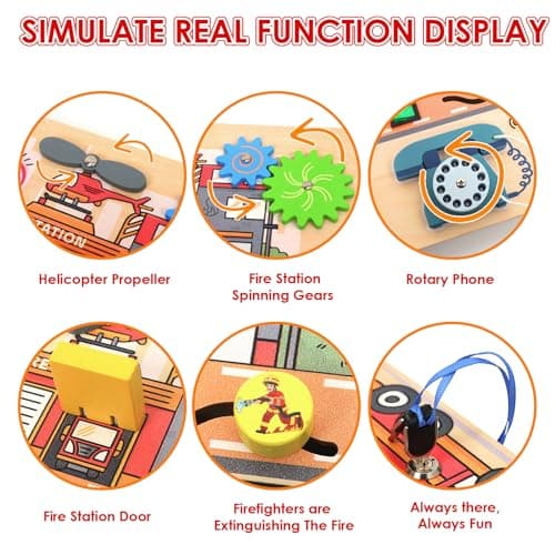 Wdmiya Montessori Busy Board for Toddlers 2-4, Fire Truck Activity Board with LED Lights & Sounds, Wooden Sensory Learning Toy with Rotary Phone, Helicopter & Gears, for 2 3 4 Year Old Boys Girls Gift - Thumbnail 3