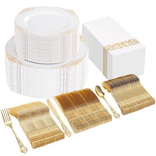 Ciaell 300PCS White and Gold Plastic Plates - Gold Disposable Dinnerware Sets for 50 Guests - 100 Plates, 50 Knives, 50 Forks, 50 Spoons, and 50 Napkins for Wedding, Anniversary, Party - Image 1