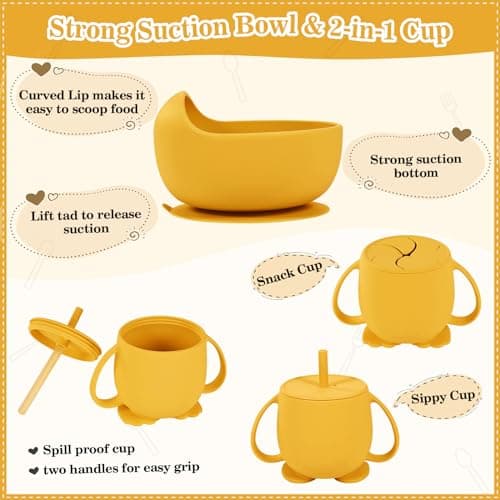 Silicone Baby Feeding Set 10 Pcs Baby Led Weaning Supplies Suction Bowl Divided Plate Baby Bibs Fruit feeder Pacifier Baby Spoons Forks Sippy Cup Utensil Sets Baby Essentials for Newborn Gift Yellow - Thumbnail 4