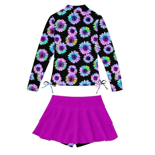 Girls' Swimwear Size 11-12 Black Rash Guard for Teens Purple Swimsuit 2 Pieces Sunflower Rashguard 11/12 Tankini for Big Girl Bathing Suits Swimming Skirt with Shorts Half Zipper Cover Ups Bikini - Thumbnail 2