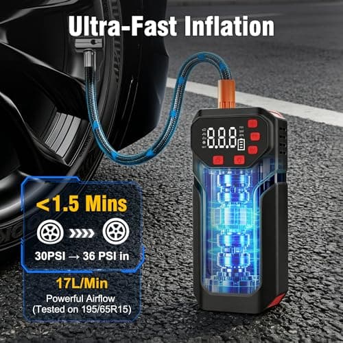 Tire Inflator Portable Air Compressor,5200mAh Cordless Car Air Pump with Digital Pressure Gauge, 150PSI Electric Tire Pump with Auto-Shutoff & LED Light Smart Inflation (Black) - Thumbnail 2