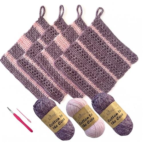 KnitPal Everyday Joy Crochet Kit for Confident Beginners – Make 4 Reusable 7.5 x 7.5 in Dishcloths – with Cotton to The Core Yarn (#3 DK), Hook, Patterns & Video Tutorials (Plum Purple + Blush Pink)