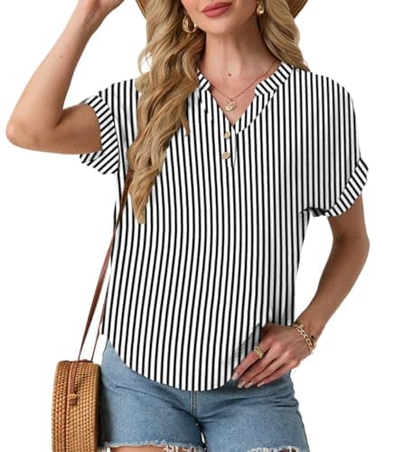 HiMONE Women’s Casual V Neck T Shirts Short Sleeve Loose Fit Summer Tops Textured Button Front Blouse Trendy Rolled Sleeve Tunic Tops - Image 1