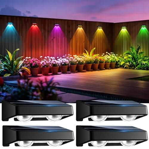 nibuuecer Solar Fence Lights Outdoor, 4 Pack Color Changing Fence Lights Solar Powered with 9 RGB Colors & 11 Lighting Modes, IP65 Waterproof Dusk to Dawn Fence Lights for Patio, Deck, Wall, Backyard - Image 1