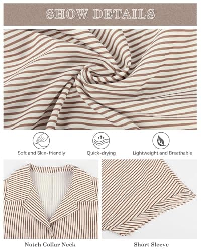 IEEILULU Women Striped Collared Shirt Casual Short Sleeve V Neck Blouse Tops Loose Fit Business Work Dressy Shirts Brown Striped S - Thumbnail 6