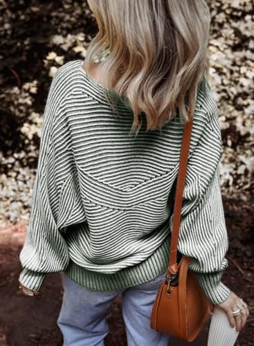 EVALESS Womens Sweaters Winter Outfits Long Sleeve Chunky Knit Tops Work Clothes Trendy 2025 Cute Boat Neck Batwing Sleeve Striped Pullover Sweater Teacher Clothing Christmas Tops, Green XX-Large - Thumbnail 4