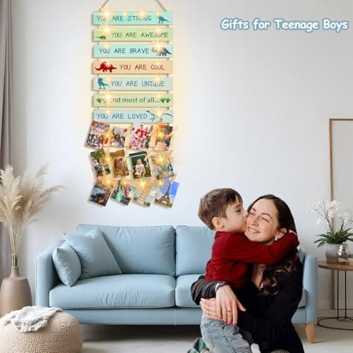 Homecor Rustic Wooden Photo Display with Lights, 12 Clip Hanging Picture Collage Wall Decor for Teen Girls Boys Bedroom, Inspirational Memo Board with String Lights for Birthday Gifts - Thumbnail 4