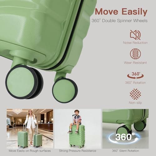 GettBetter Luggage Sets PC Hardshell Durable Suitcase Sets Double Spinner Wheels TSA Lock Zippers 4 Piece Luggage Set for Women Men,Back to School,Avocado Green(14/20/24/28 inch) - Thumbnail 3