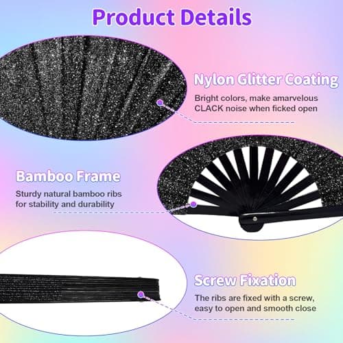EOSAU Large Glitter Rave Fan Folding Hand Fans for Line Dancing Portable Handheld Clack Fan for Festival EDM Party Music Outfit Accessories (13" Black 01) - Thumbnail 3