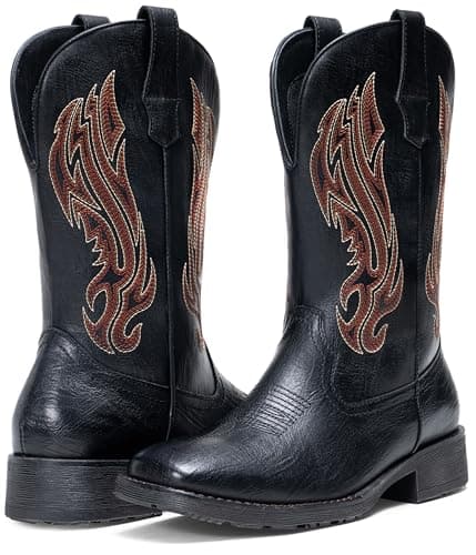 Jousen Cowboy Boots for Men Embroidery Men's Western Boots Retro Square Toe Mens Boot Botas(AMY8420 blackpu 10) - Thumbnail 5