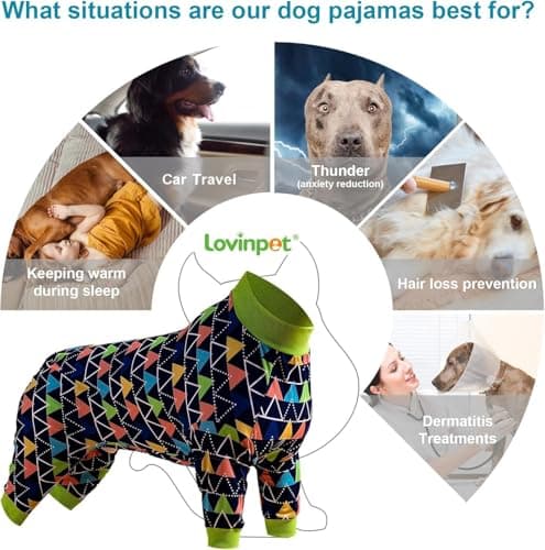 LovinPet Big Dogs PJS Onesies, Blue Triangle Print, Post Surgery Shirt, UV Protection, Pet Anxiety Relief, Wound Care Onesie for Large Dog,3XL - Thumbnail 4