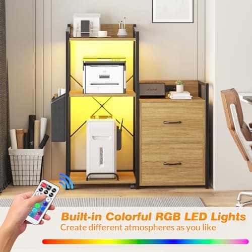 Garvee 2 Drawer File Cabinet, Filing Cabinet Fits Letter/a4 Size, Large Printer Stand with Storage, Printer Cabinet for Home Office with Power Strip, LED Lights, Open Shelf - Thumbnail 4