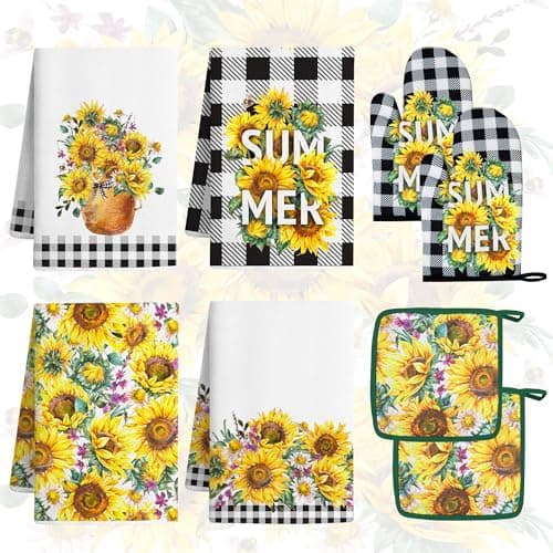 Vetoxka 8 PCS Bee Sunflower Kitchen Decor and Accessories - Bright Summer 4 Dish Towels, 2 Plaid Oven Mitts and Pot Holders Sets for Home Decoration Farmhome Cook Bake Mom Daughter Housewarming Gifts