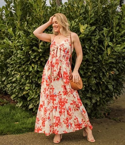 Women's 2025 Summer Beach Dresses Floral V Neck Tie Front Spaghetti Strap A Line Casual Sundress Wedding Guest - Thumbnail 2