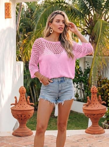 Dokotoo Beach Cover up for Women Bathing Suit Coverups Summer Beach Tops for Women Resort Wear Vacation Cruise Outfits Half Sleeve Hollow Out Bikini Crochet Boho Clothes Pink - Thumbnail 3