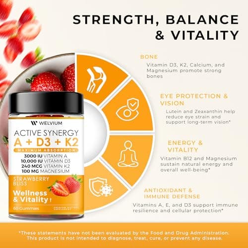 WELVIUM Vitamin D3 K2 Gummies 10000 IU with Magnesium Glycinate, Calcium, B12, K2 MK-7, Vitamins A, E, Lutein, Zeaxanthin - ADK Chewable Supplement for Bone, Eye, Immune Support - D3K2 Gummies - Thumbnail 5
