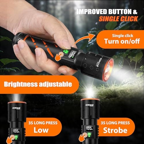 Gosdas Rechargeable Flashlights High Lumens 100000 2 Pack, Super Bright 30W LED, Long Lasting 12H, Single Click 3 Modes, Multifunctional USB C Input Output LCD Power Display, for Camping Hiking Home - Thumbnail 4