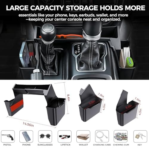 DIAMOOKY 4PCS Upgraded Center Console Organizer for Jeep Wrangler JL JLU 4xe 2018-2026 & Gladiator JT 2020-2024 2025 2026 Accessories Gear Shift Side Tray Hanging Armrest Storage Box (Not for JK/JKU) - Thumbnail 2