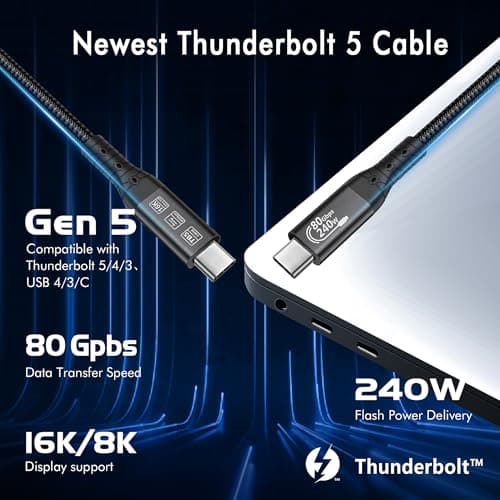 OCEEK Thunderbolt 5 Cable 3.3ft USB 4,High Speed USB-C Up to 120Gbps Bandwidth,240W PD3.1 Fast Charging,80Gbps Data Transfer,Compatible for Ultra MacBook Pro iPhone 17/16/15 Mac mini M4,16K Display - Thumbnail 2