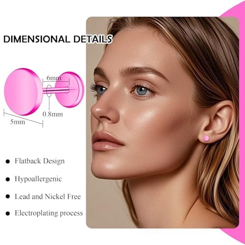 ZDE Women Earrings Threadless Flat Back Dot Earrings Titanium Hypoallergenic Cartilage Non-Nickel Black Push in Earrings Studs for Sensitive Ears Simple Classic Earstuds (Pink, 5MM) - Thumbnail 2