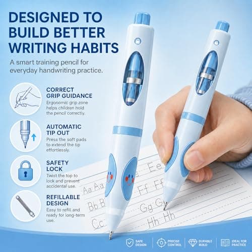 Write Right Learning,Pencil Kids Handwriting Gripper,Posture-Correcting Pen with Automatic Refill, Posture Correction Training Writing, 12 Replacement Refillers. (Blue) - Thumbnail 2