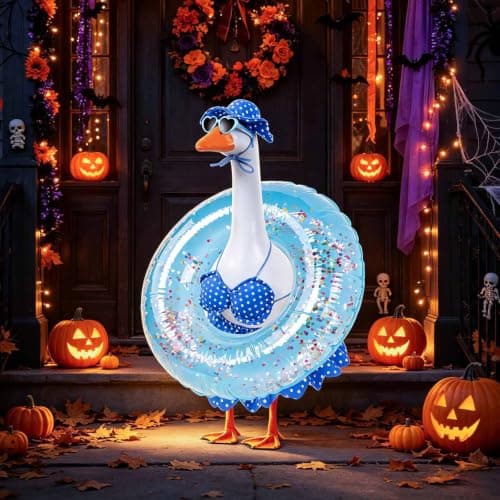 yuboo Hawaiian Porch Goose Outfits, 5 Pcs Summer Bikini Goose Outfit Fits 23 Inch Goose Statue with Sunglasses, Swimming Ring, Hat and Skirt for Pool Party Cement Garden Yard Decor - Thumbnail 6
