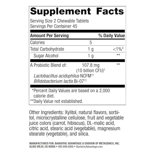 Bariatric Advantage Chewable FloraVantage Probiotic - 10 Billion CFUs - Probiotic Supplement - Supports Gut Health & Immune System* - Vegetarian & Gluten-Free - Grape Flavor - 90 Count - Thumbnail 4