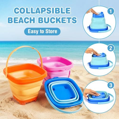 Dreamon Beach Toys for Kids 3-10, Collapsible Sand Castle Toys for Beach Include 3 Pack Foldable Buckets, Shovels Molds and Storage Mesh Bag, Sandbox Travel Toy for Toddlers Kids - Thumbnail 3