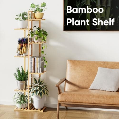 ROSSNY 55 Inch Tall Plant Stand Indoor, 7 Tier 8 Potted Bamboo Plant Stands for Indoor Plants, Corner Plant Stand, Plant Shelf For Indoor, Tiered Plant Stands, Planter Holder for Multiple Plants Indoor, Natural - Thumbnail 6
