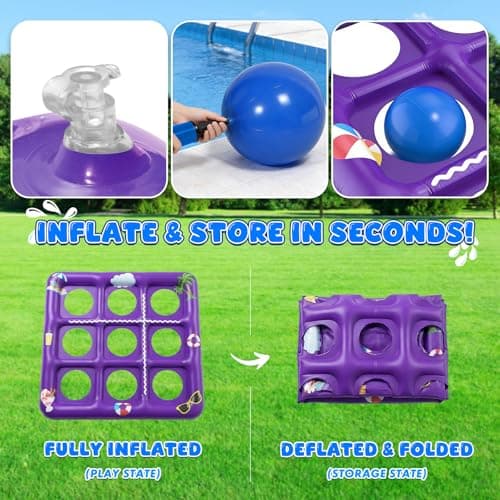 EPN Pool Games for Kids and Adults, 56” x 54” Inflatable Floating Tic Tac Toe Toss Game with 10 Balls, 2-in-1 Pool & Lawn Water Sprinkler Toy, Summer Pool Party Accessories for Backyard Fun, Purple - Thumbnail 6