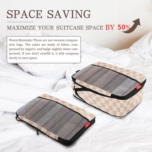 U+U 6 Set Compression Packing Cubes - Ultralight Travel Organizers with Laundry Bag, Space-Saving Suitcase Organizer for Travel, Business Trip and Family Vacation (Khaki Checkered) - Thumbnail 3