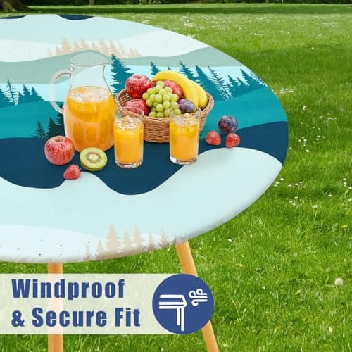 Moosfor Spandex Elastic Fitted Round Tablecloth for 45"-56" Tables, Stretch Washable Reusable Table Cover for Outdoor Picnic, Camping, Dining, Kitchen, Patio and Party, Forest - Thumbnail 2