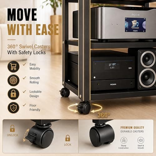 OVZXSD 5-Tier Av Media Stand with Wheels, Audio Tower Rack with Adjustable Shelves, Stereo Racks and Stands with Storage Shelves, Media Console for Home, Office, Theater, Black - Thumbnail 5