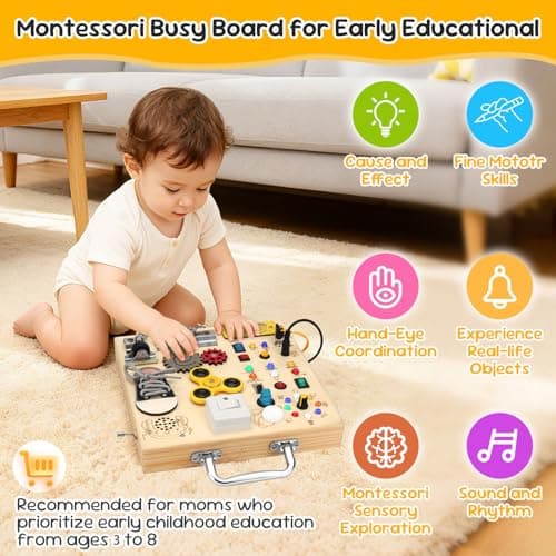 Wooden Busy Board with LED Light Montessori Baby Learning Toys for Toddlers , Sensory Activity Board, Travel Educational Toys, Boy & Girl Birthday Gift (Silver Handle) - Thumbnail 3