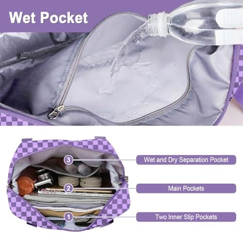 WOOMADA Foldable Travel Duffel, Weekender Bag with Expandable Space, Carry-On for Airplanes, Gym Bag for Women (Lavender Checkerboard) - Thumbnail 4