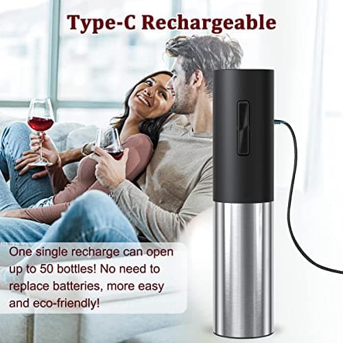Electric Wine Opener Rechargeable, Automatic Wine Bottle Openers with Foil Cutter and USB Cable, Gift Wine Corkscrew for Home Kitchen Party Bar - Stainless Steel, One-click Button - Thumbnail 5