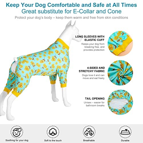 LovinPet Pajama for Pitbulls - Pet Anxiety Relief, Sun Protection Dog Pajamas, Comfy Stretchy Fabric, Mint Flower Print, Big Dog Post Surgery Recovery Shirt, Large Breed Apparel,Yellow XXL - Thumbnail 5