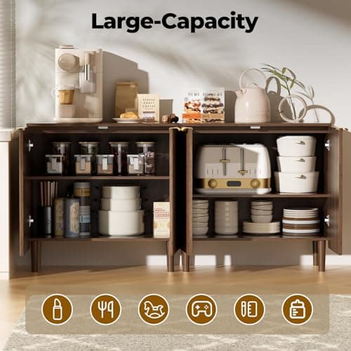 LOOMORA Sideboard Buffet Storage Cabinet - Wood Cabinets with Adjustable Shelves Fluted Doors, Anti-Tip Console Table for Kitchen Dining Living Room or Entryway Hallway, Easy Assembly, Walnut - Thumbnail 6