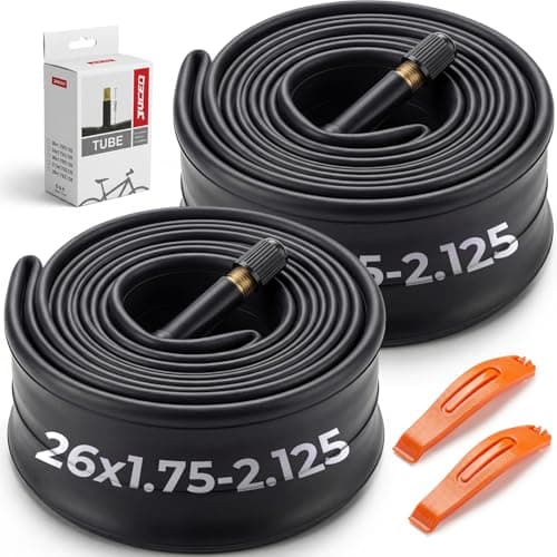 JUCEO 26" x 1.75/1.95/2.10/2.125 Bike Tube 2 Pack with 2 Tire Levers, Heavy Duty Butyl Rubber Inner Tube, Low Heat High Stretch, 35mm Schrader Valve, Leak Resistant, Easy Install for Road/MTB - Image 1